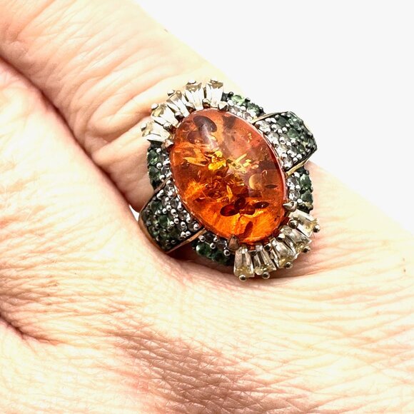 Amber Emerald Multi Gemstone Gold Over Sterling Silver Ring Size 7.5 - Picture 3 of 3